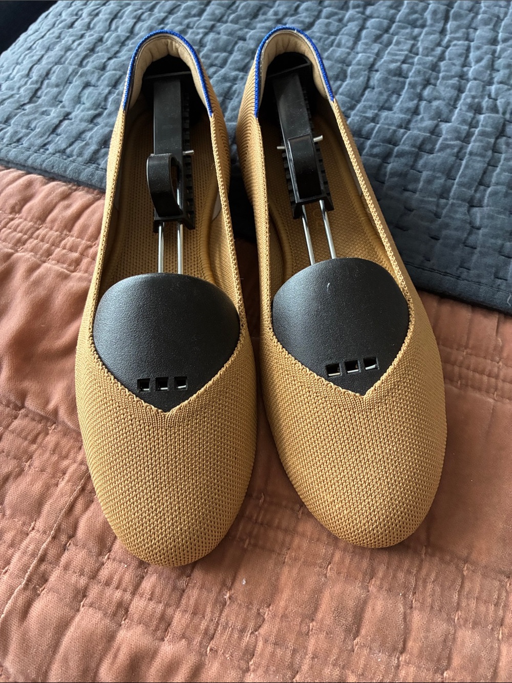 Rothy's Women's Knit Ballet Flats in Tan with Blue Trim